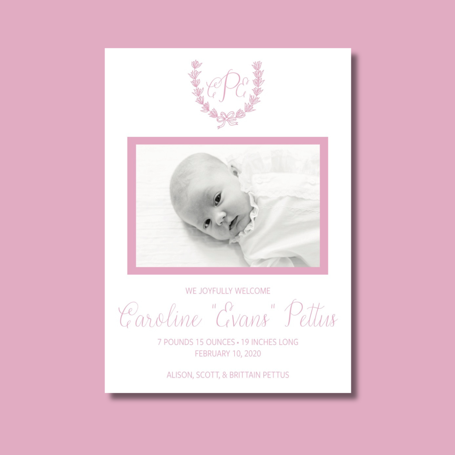 Floral Monogram Birth Announcement